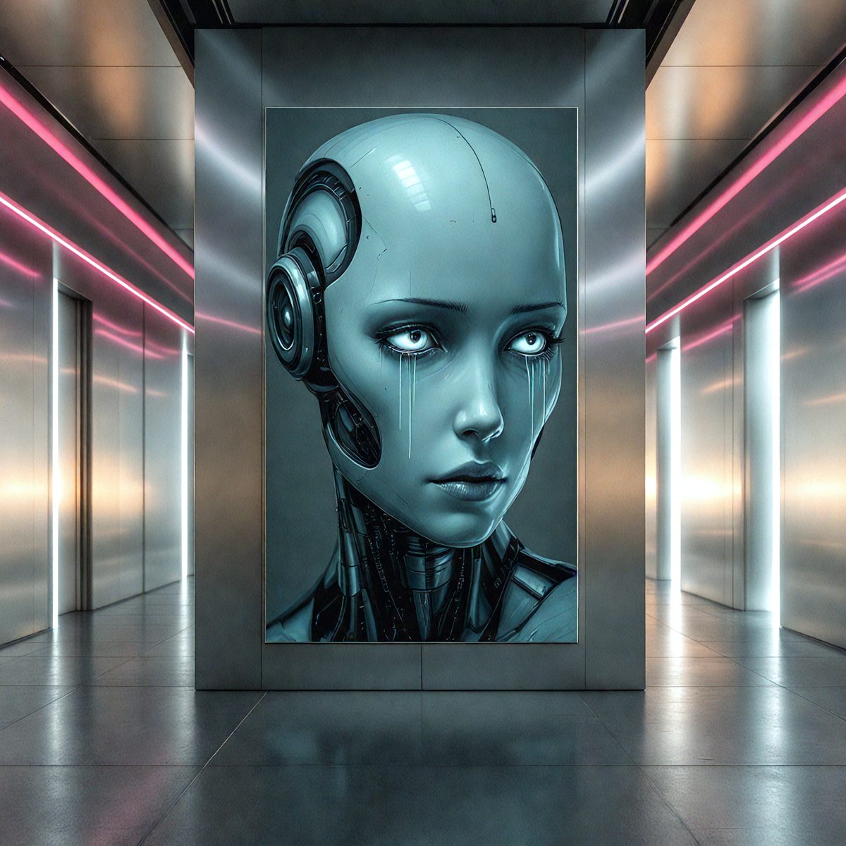 The primary subject of the image is a large, eye-catching painting of a robotic face. The setting is a hallway with a silver wall, and the visual style appears to be a combination of digital art and illustration. The dominant colors in the painting are blue and silver, creating a futuristic and technological atmosphere.